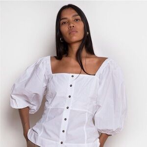 GANNI Puff Sleeve Cotton Poplin Shirt in White Sz 32 = US Sz 0